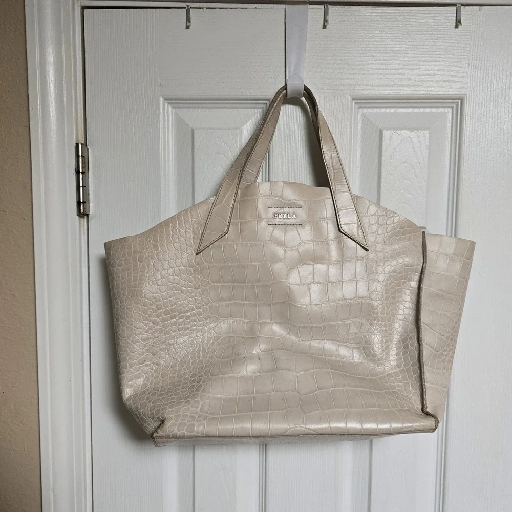 Furla Croc Embossed Leather Tote Bag Large Ivory Cream Italy Shoulder Shopper...